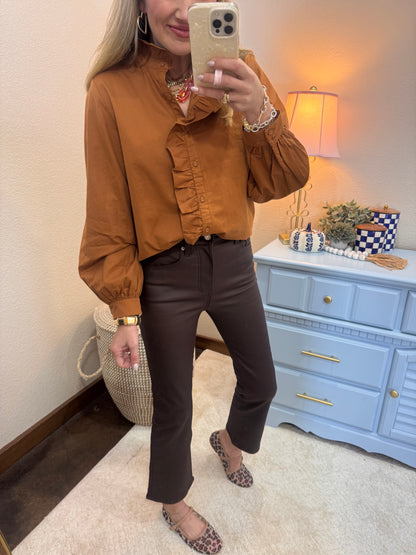 DAZE Brown Coated Kick Flare Jeans FS