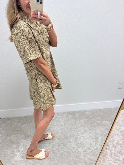 Leopard Pleated Bottom Denim Dress