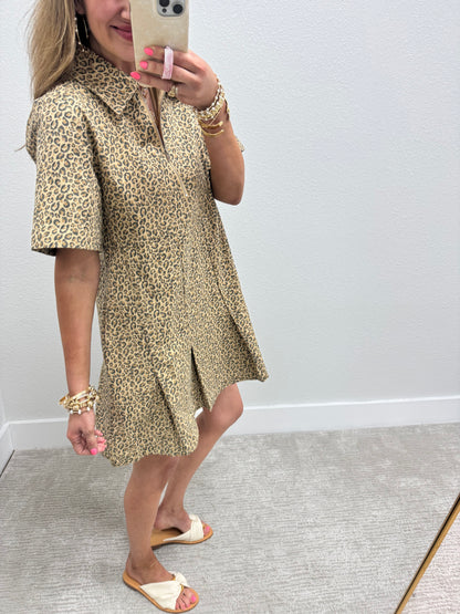 Leopard Pleated Bottom Denim Dress