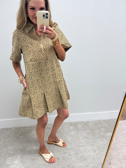 Leopard Pleated Bottom Denim Dress