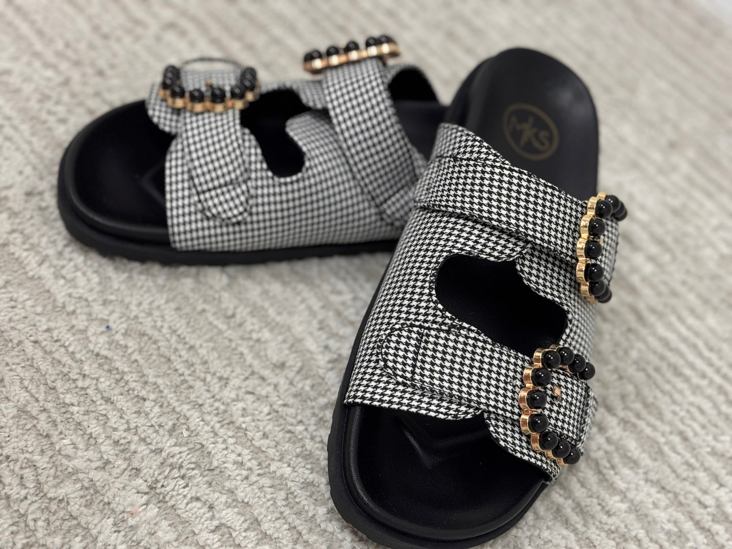 Black and White Gingham Buckle Kelly Sandal FS