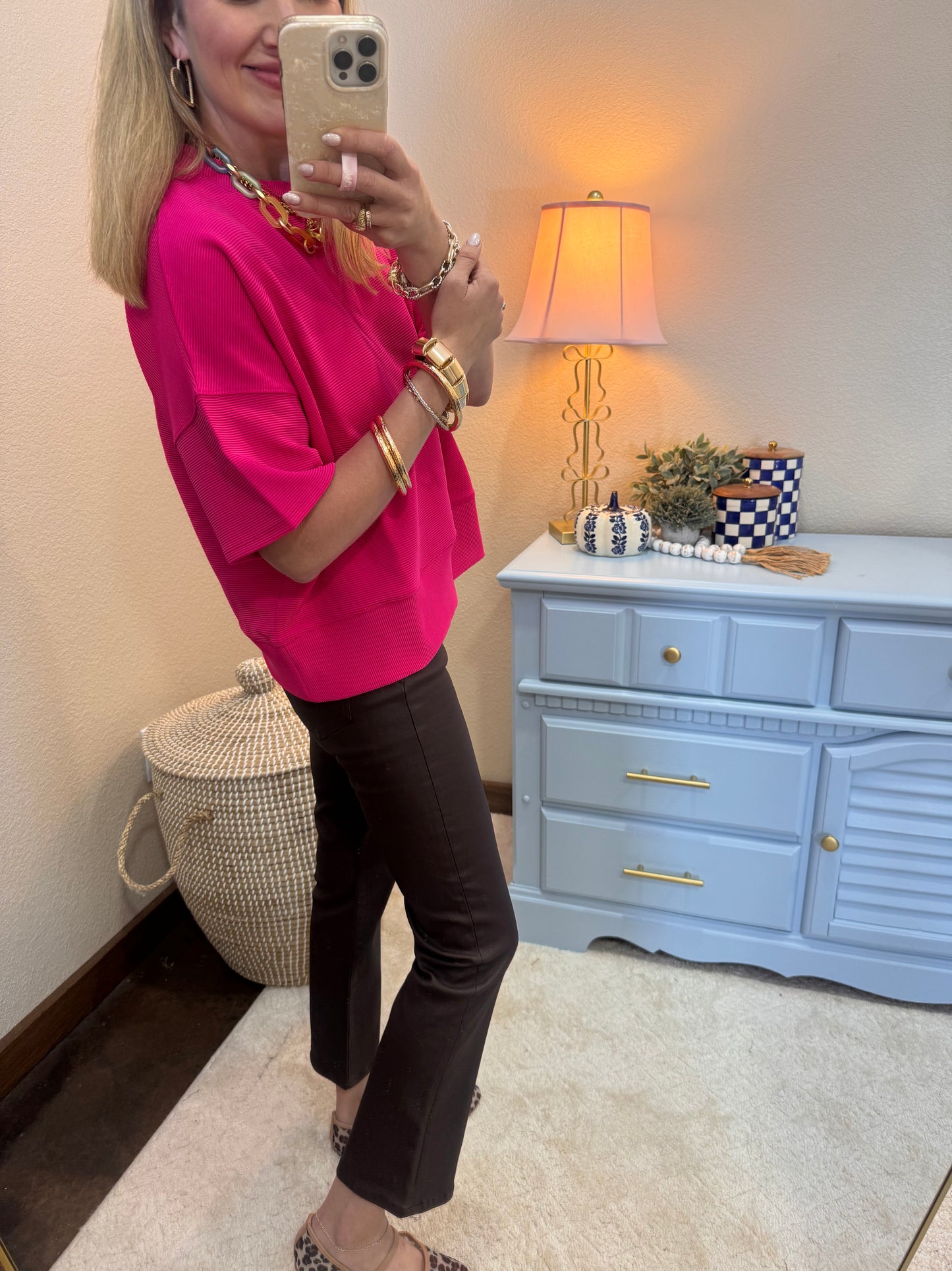 Pink Ribbed Band Bottom Half Sleeve Top