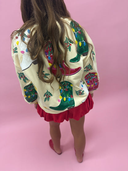Queen of Sparkles Beige Multi Christmas Cowboy Boot Sweatshirt