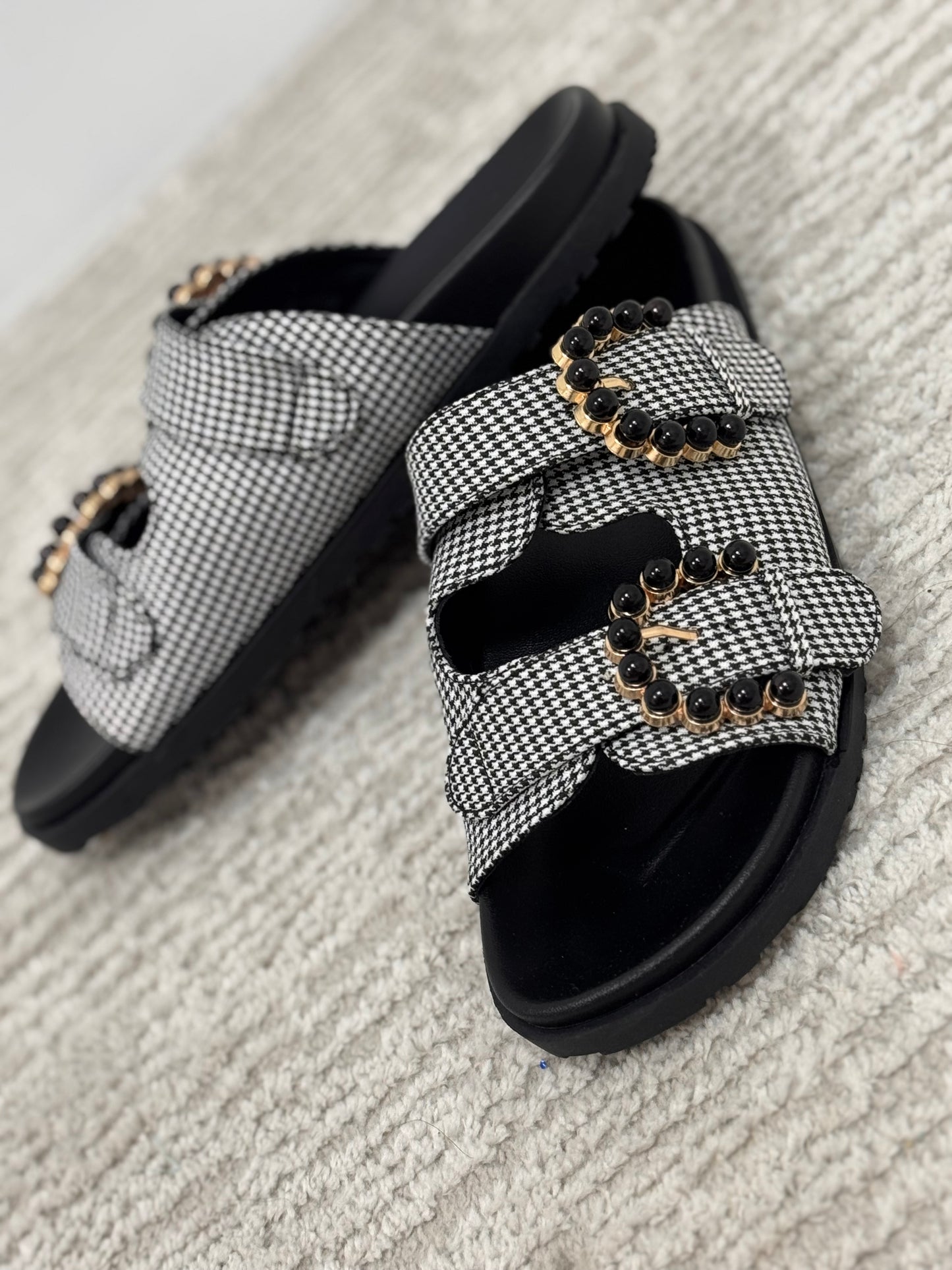 Black and White Gingham Buckle Kelly Sandal FS
