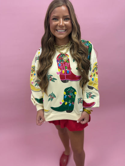 Queen of Sparkles Beige Multi Christmas Cowboy Boot Sweatshirt