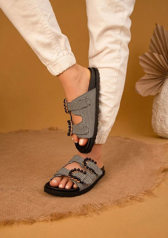 Black and White Gingham Buckle Kelly Sandal FS