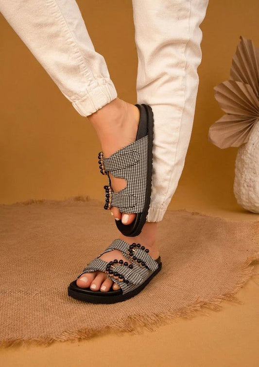 Black and White Gingham Buckle Kelly Sandal
