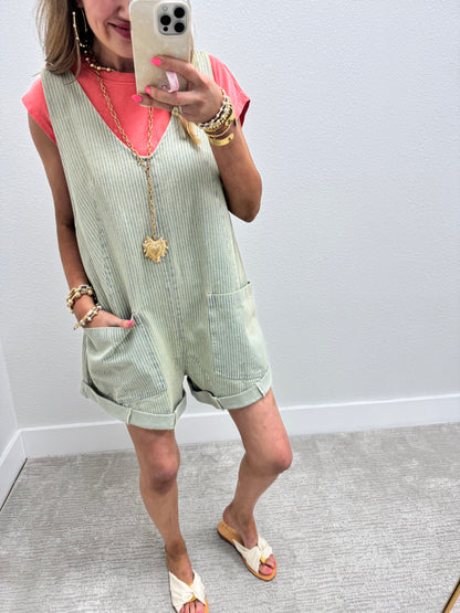 Pinstripe Denim Short Jumper Overalls