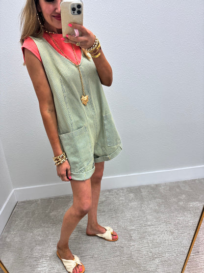 Pinstripe Denim Short Jumper Overalls