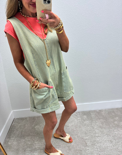 Pinstripe Denim Short Jumper Overalls