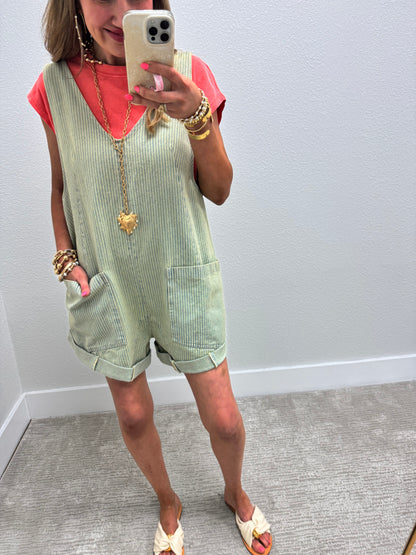 Pinstripe Denim Short Jumper Overalls