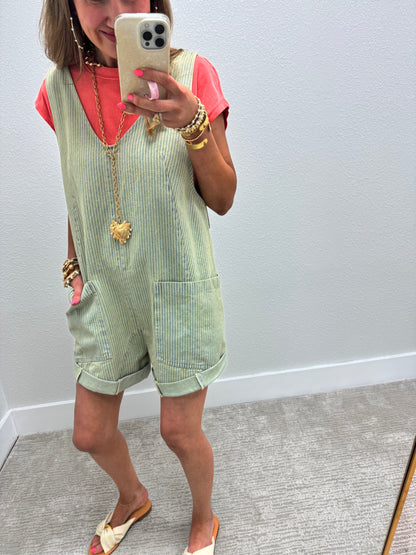 Pinstripe Denim Short Jumper Overalls