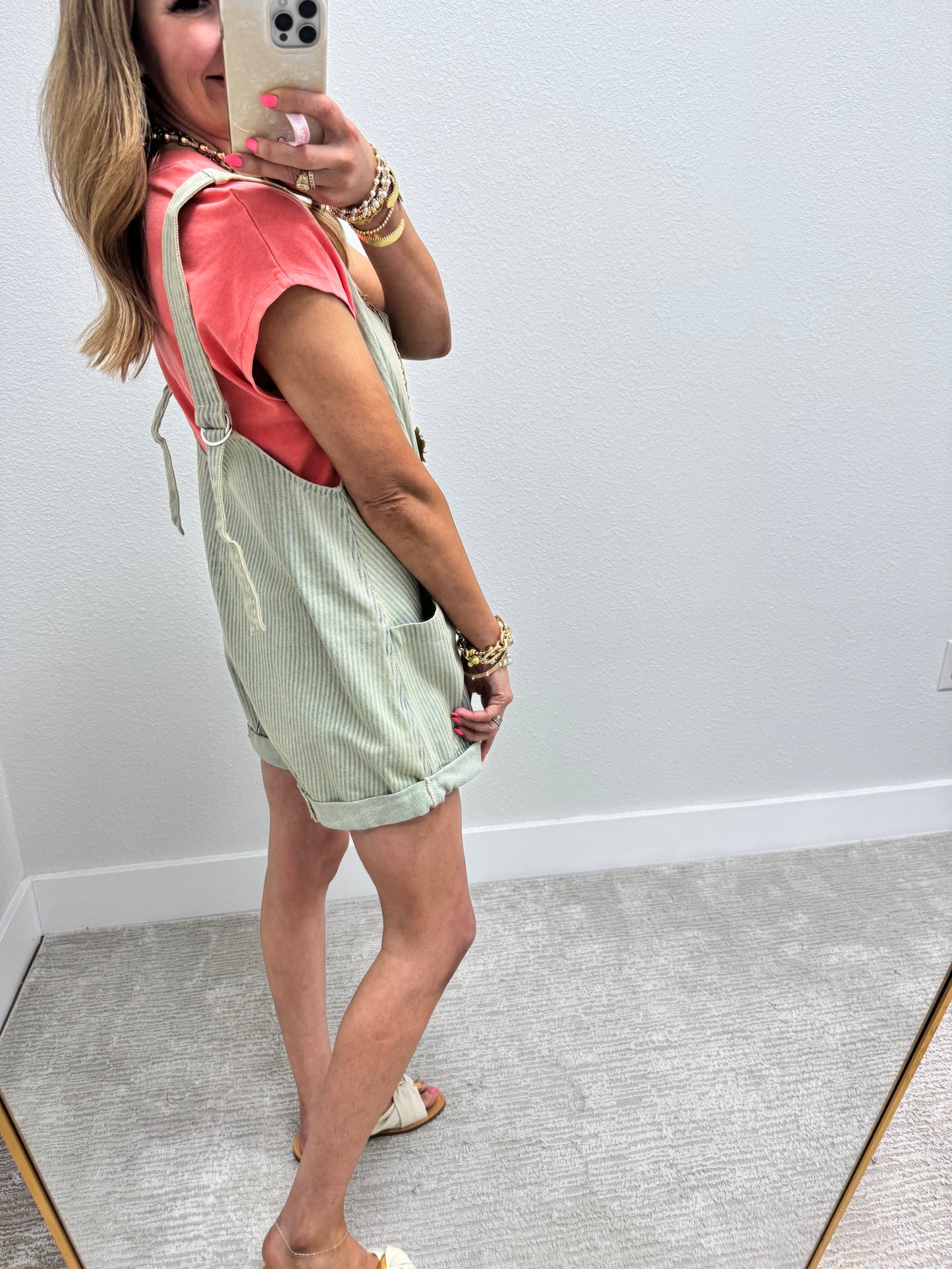 Pinstripe Denim Short Jumper Overalls