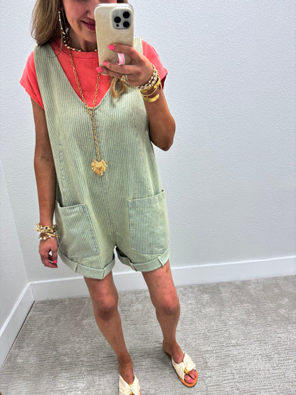 Pinstripe Denim Short Jumper Overalls