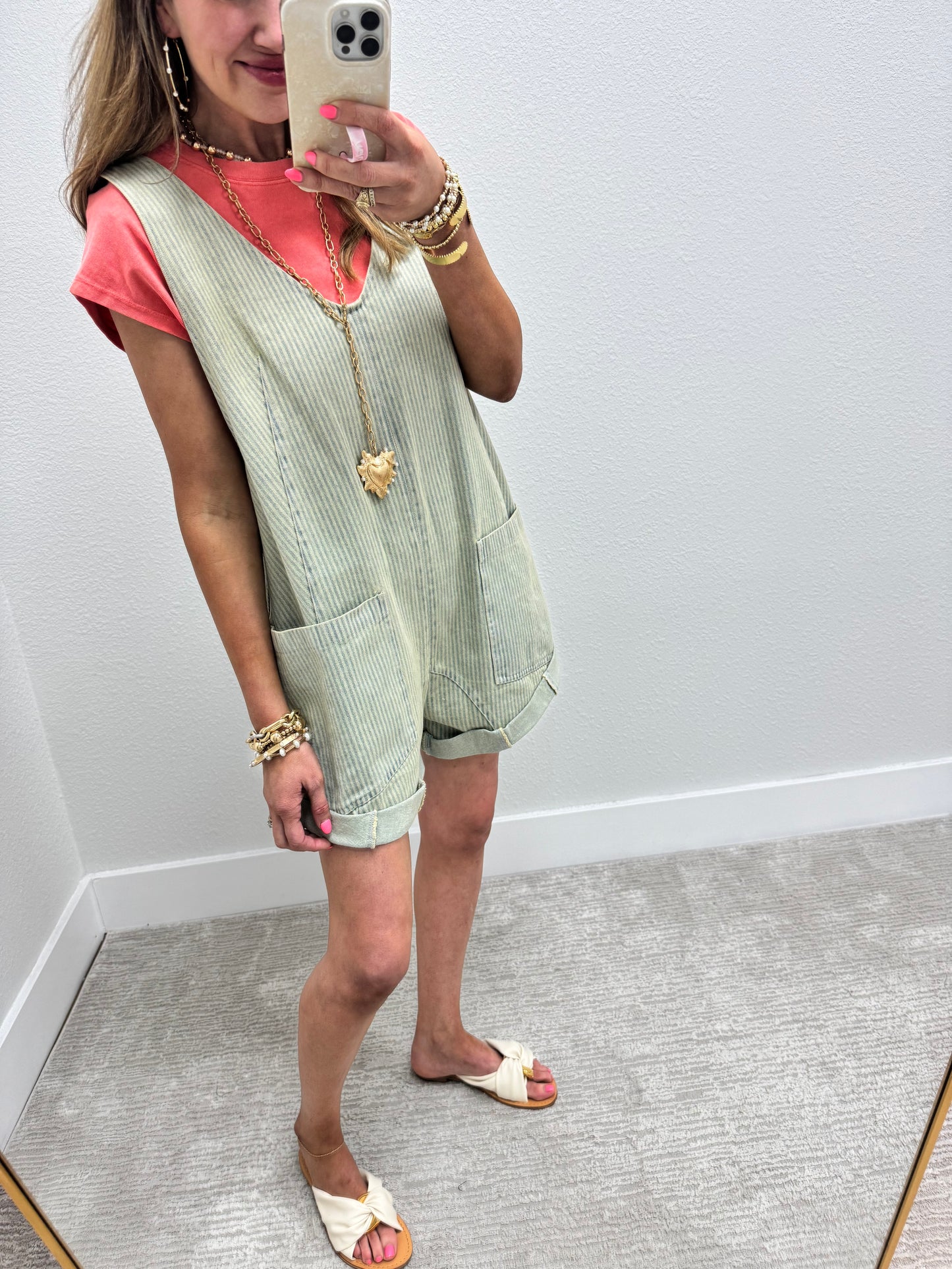 Pinstripe Denim Short Jumper Overalls