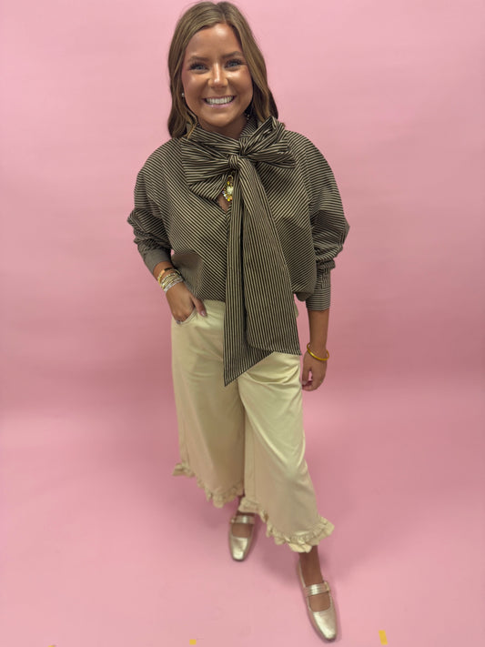 Brown Tie High Neck Stripe Tie Blouse