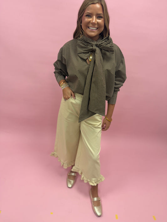 Brown Tie High Neck Stripe Tie Blouse