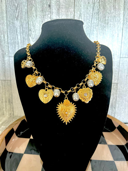 Multi Large Heart And Pearl Charm Necklace