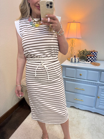 White and Brown Striped Two Piece Skirt Set