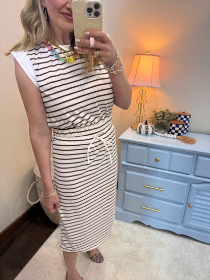 White and Brown Striped Two Piece Skirt Set