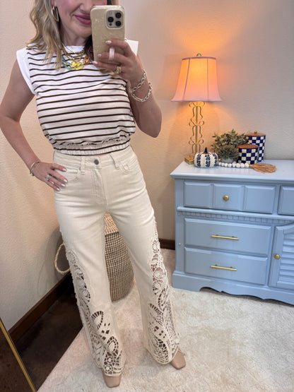 White and Brown Striped Two Piece Skirt Set