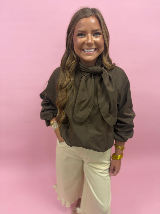 Brown Scarf Collar Long Sleeve Puffy Jacket