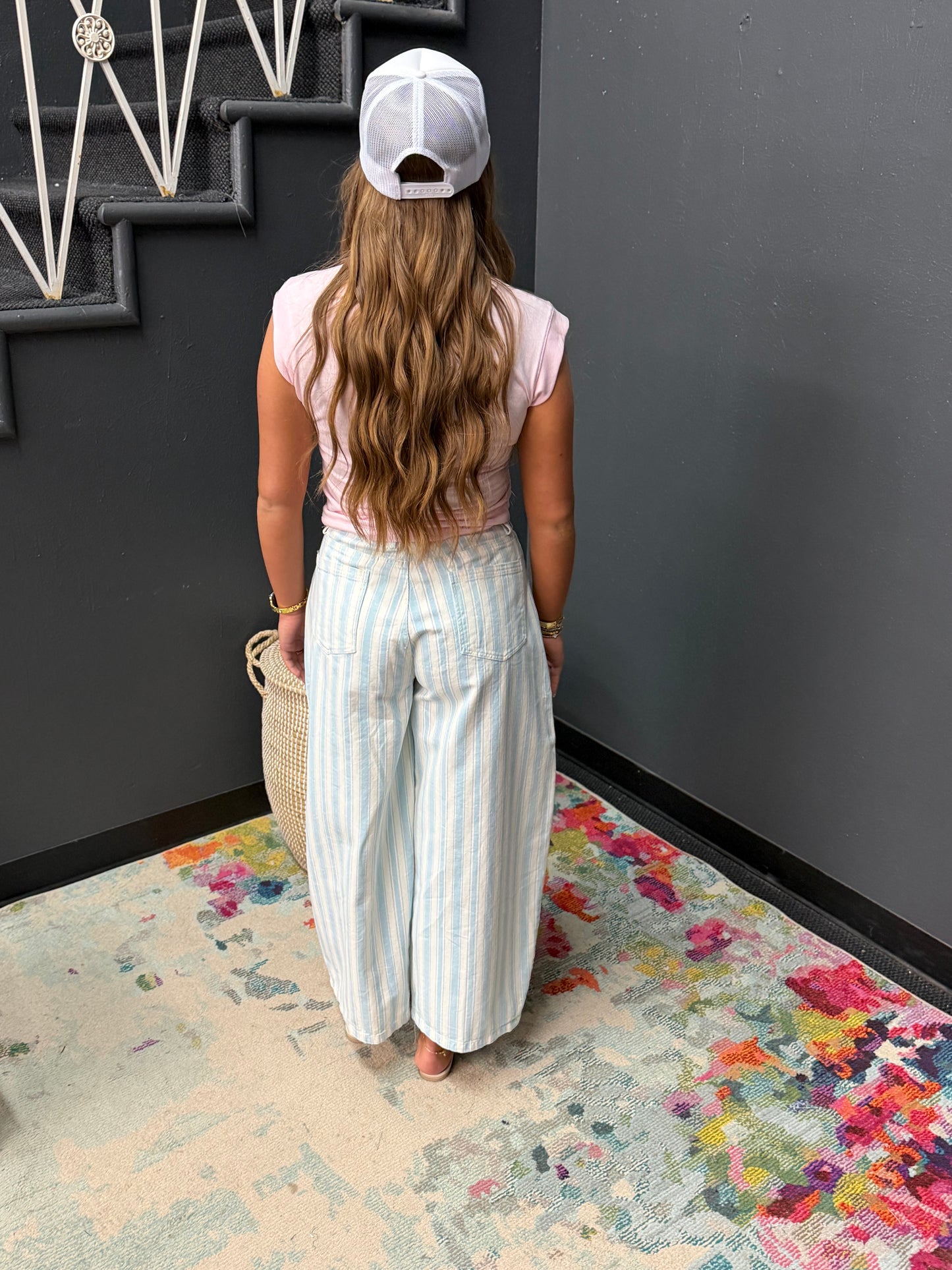 Light Blue Multi Stripe Twill Denim Barrel Jean