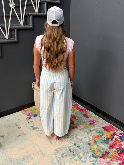 Light Blue Multi Stripe Twill Denim Barrel Jean