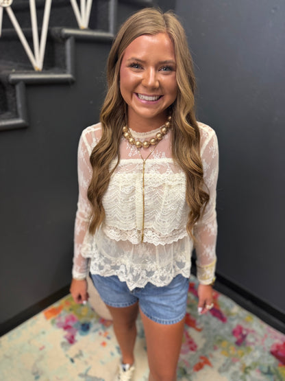 Cream Tiered Lace Long Sleeve Top