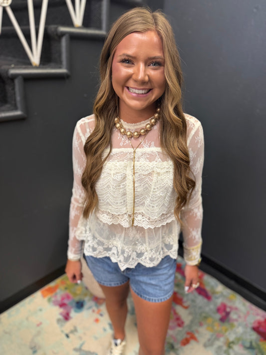 Cream Tiered Lace Long Sleeve Top