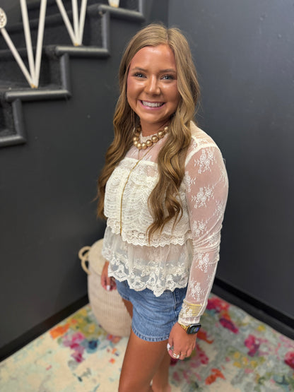 Cream Tiered Lace Long Sleeve Top