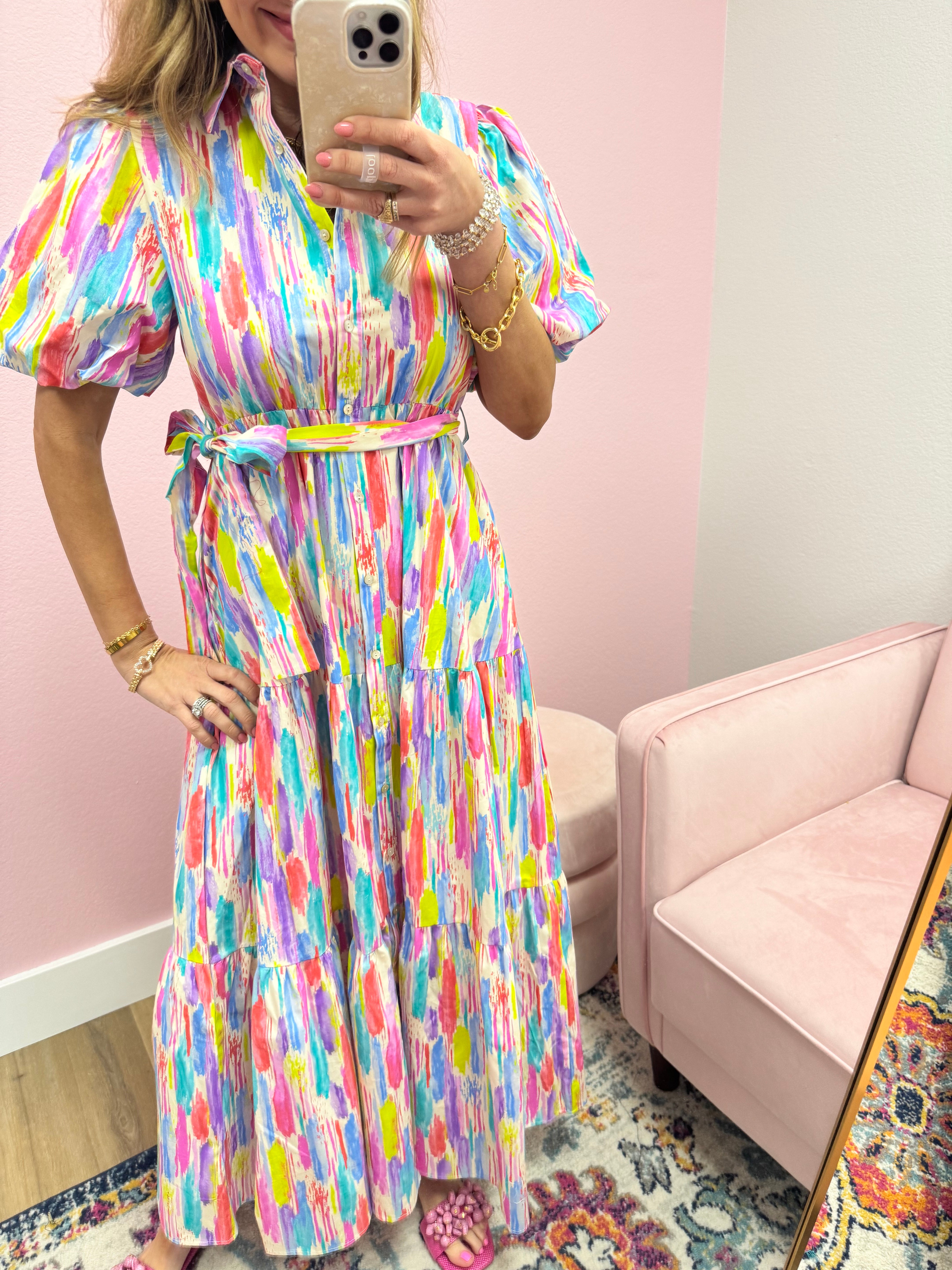 Multi Colored Printed Belted Maxi Dress
