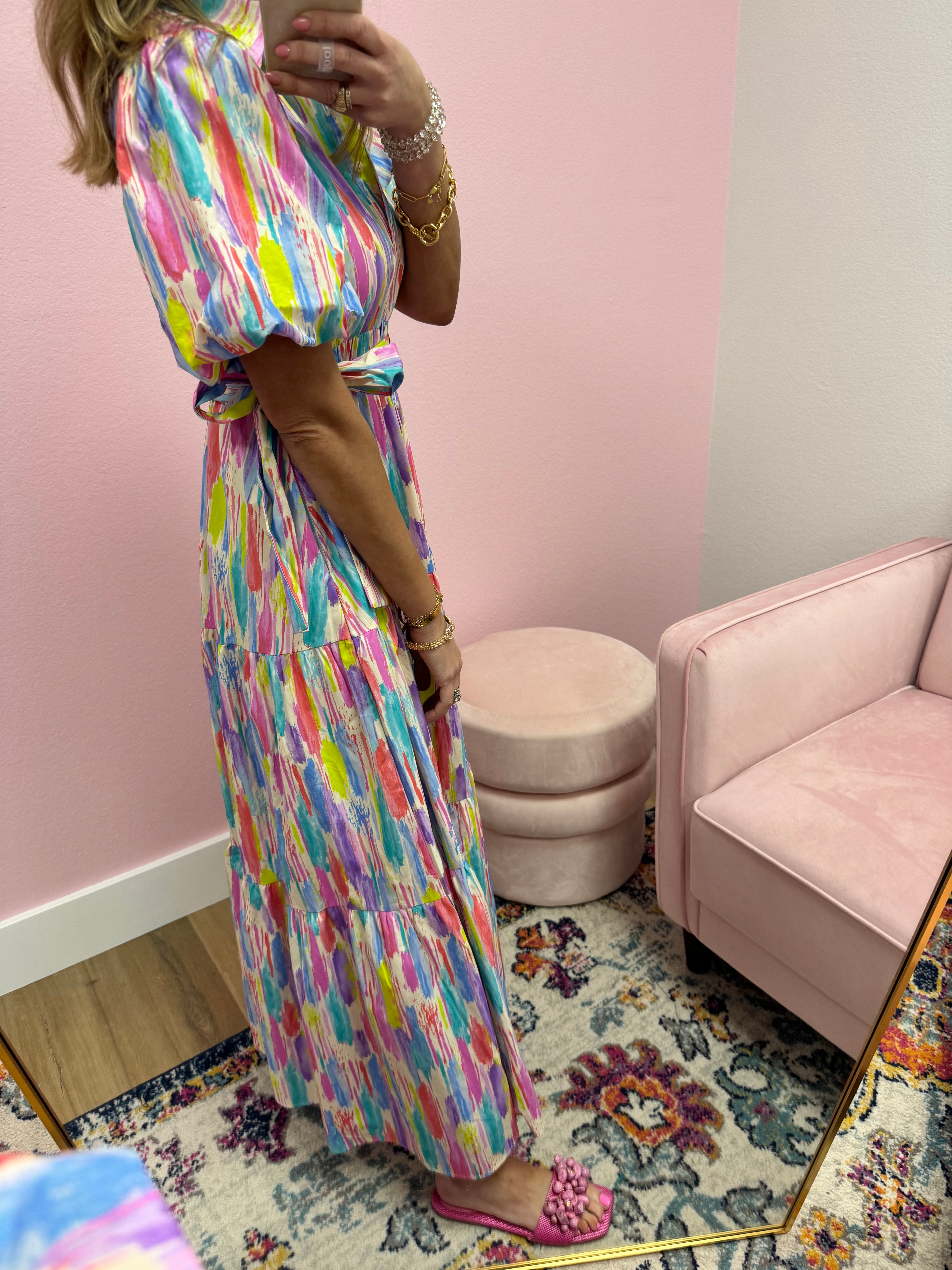 Multi Colored Printed Belted Maxi Dress
