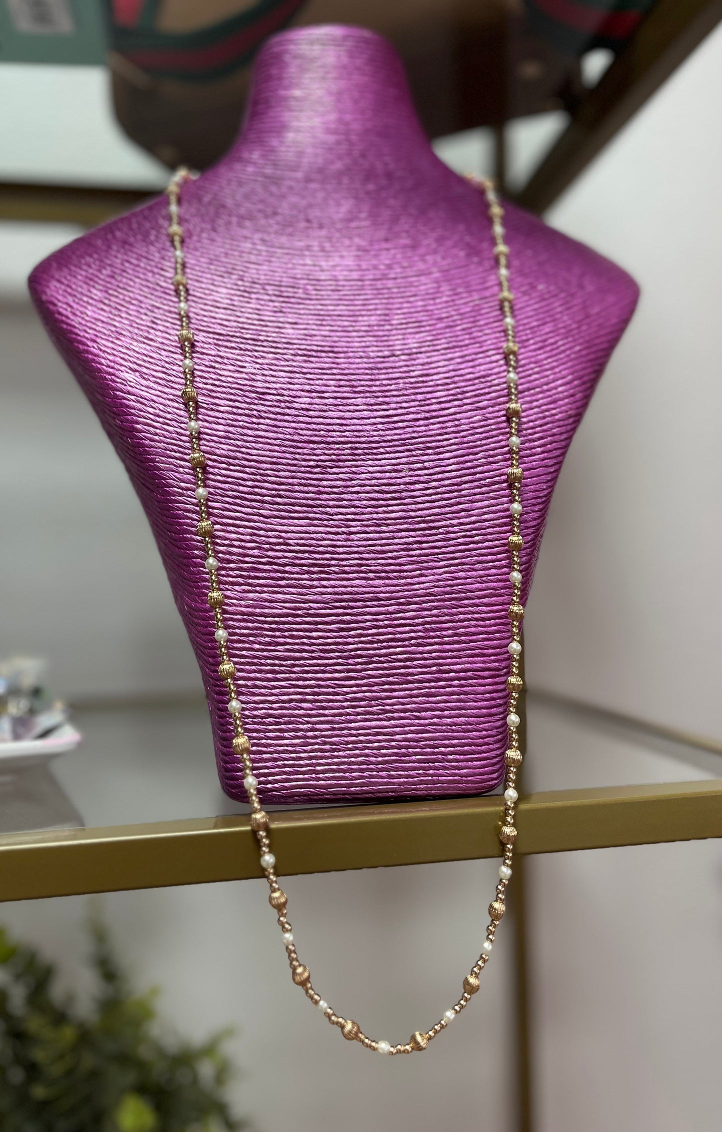 IP4 Water Resistant Long Gold and Pearl Necklace