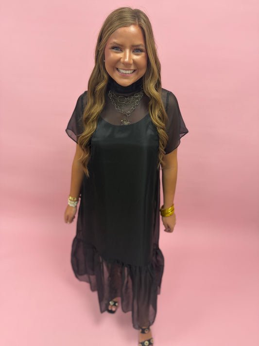 Black Tie Back Chiffon Midi Dress