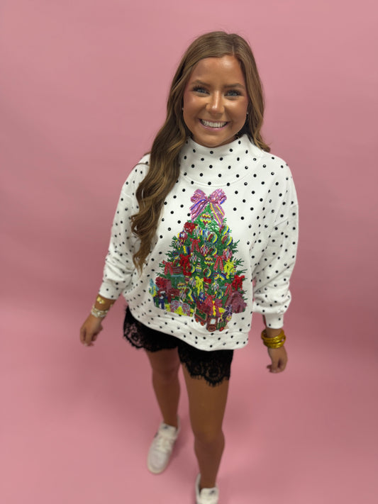 Queen of Sparkles White & Black Polka Dot Multi Christmas Tree Mockneck Sweatshirt