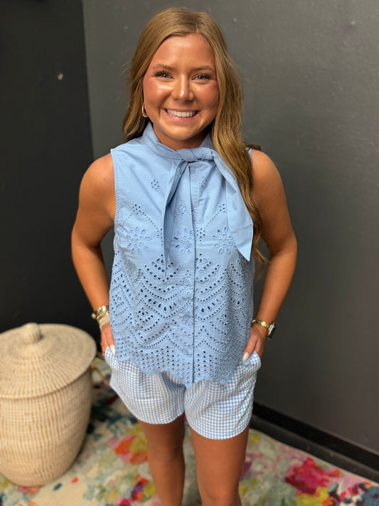 Blue Eyelet Detailed Tie Top