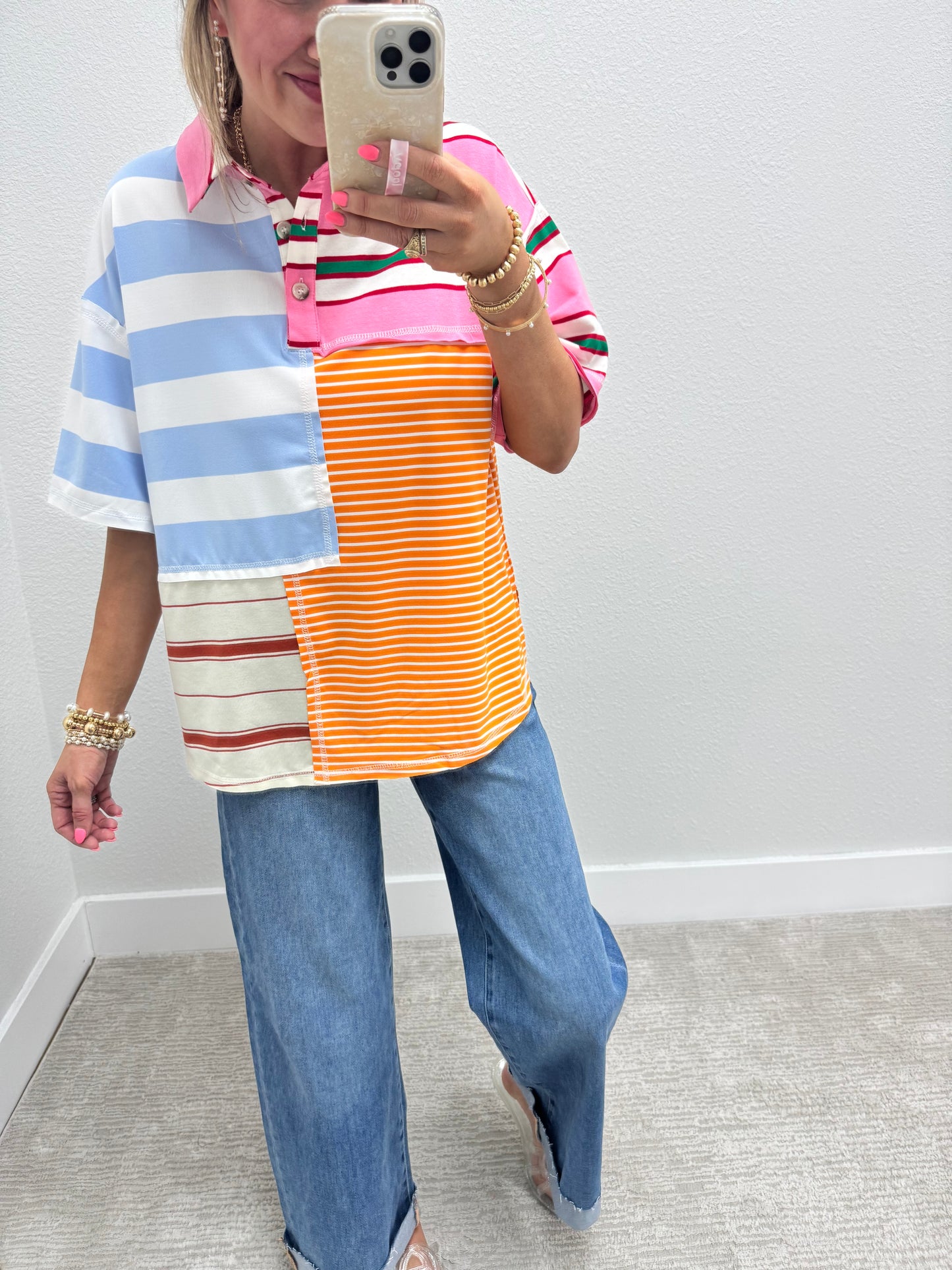 Color Block Collared Short Sleeve Top
