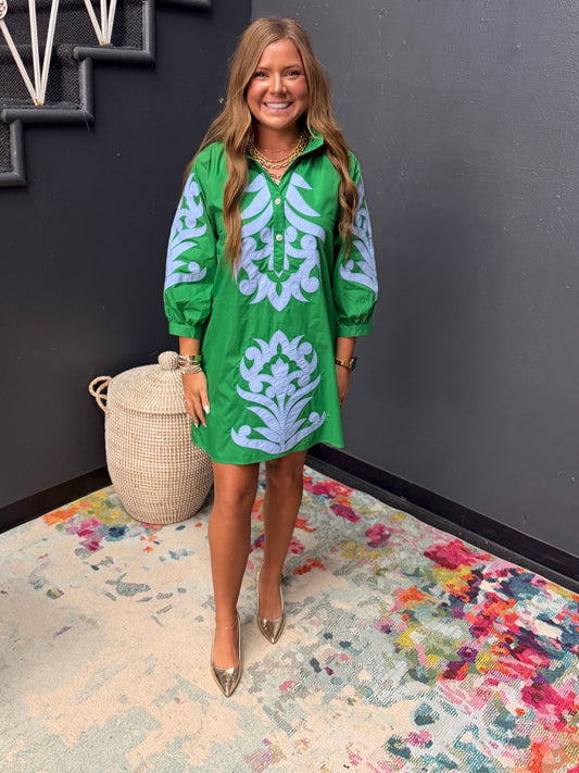 Kelly Green & Blue Baroque Floral Appliqué Shift Dress