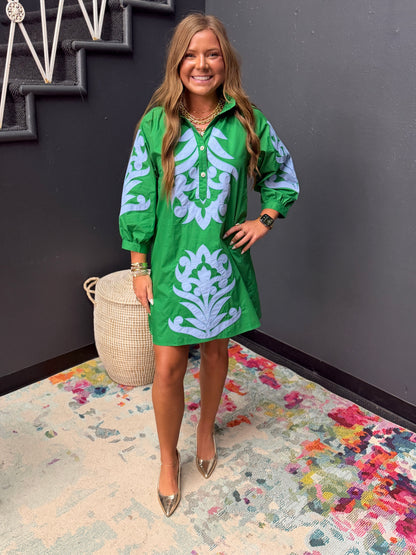 Kelly Green & Blue Baroque Floral Appliqué Shift Dress