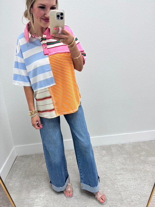 Color Block Collared Short Sleeve Top