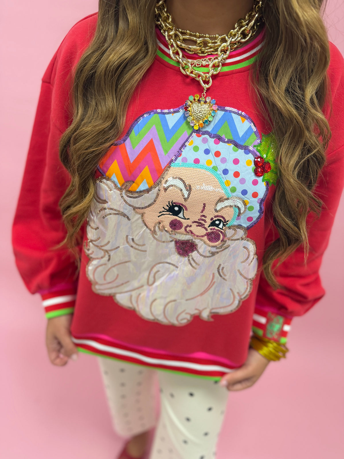 Queen of Sparkles Red Multi Hat Metallic Santa Sweatshirt