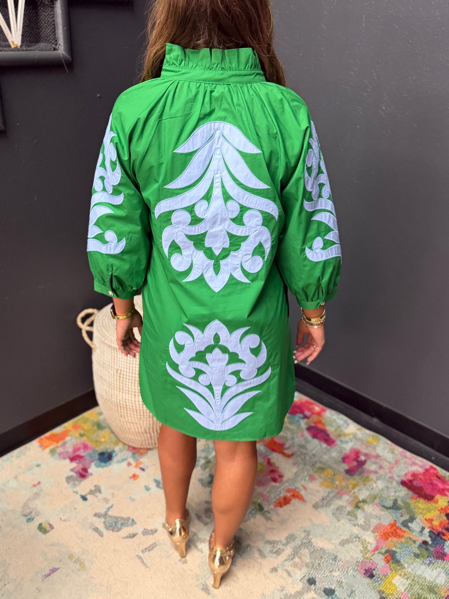 Kelly Green & Blue Baroque Floral Appliqué Shift Dress
