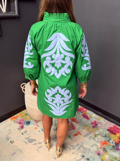 Kelly Green & Blue Baroque Floral Appliqué Shift Dress