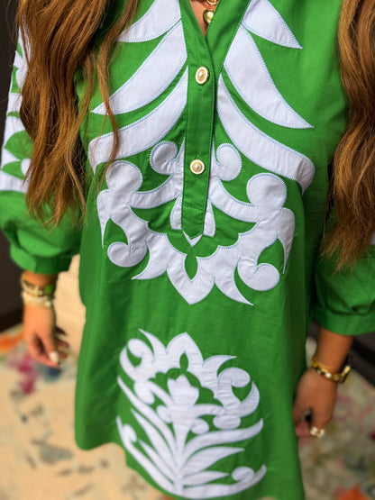 Kelly Green & Blue Baroque Floral Appliqué Shift Dress
