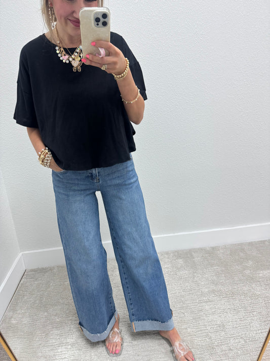 Black Cropped Round Hem Shirt