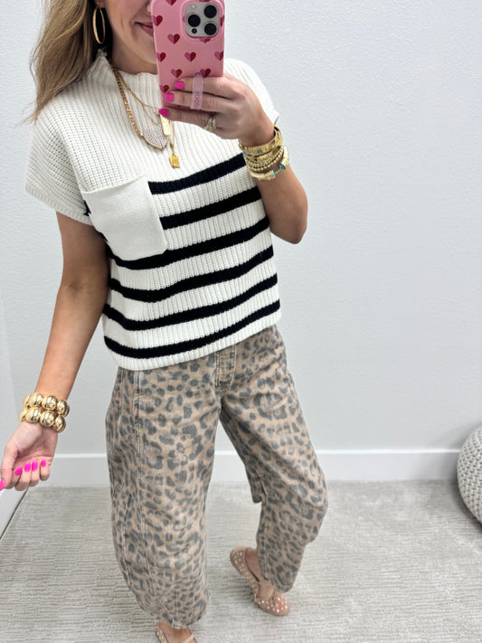 Ivory & Black Stripe Crop Short Sleeve Sweater Top