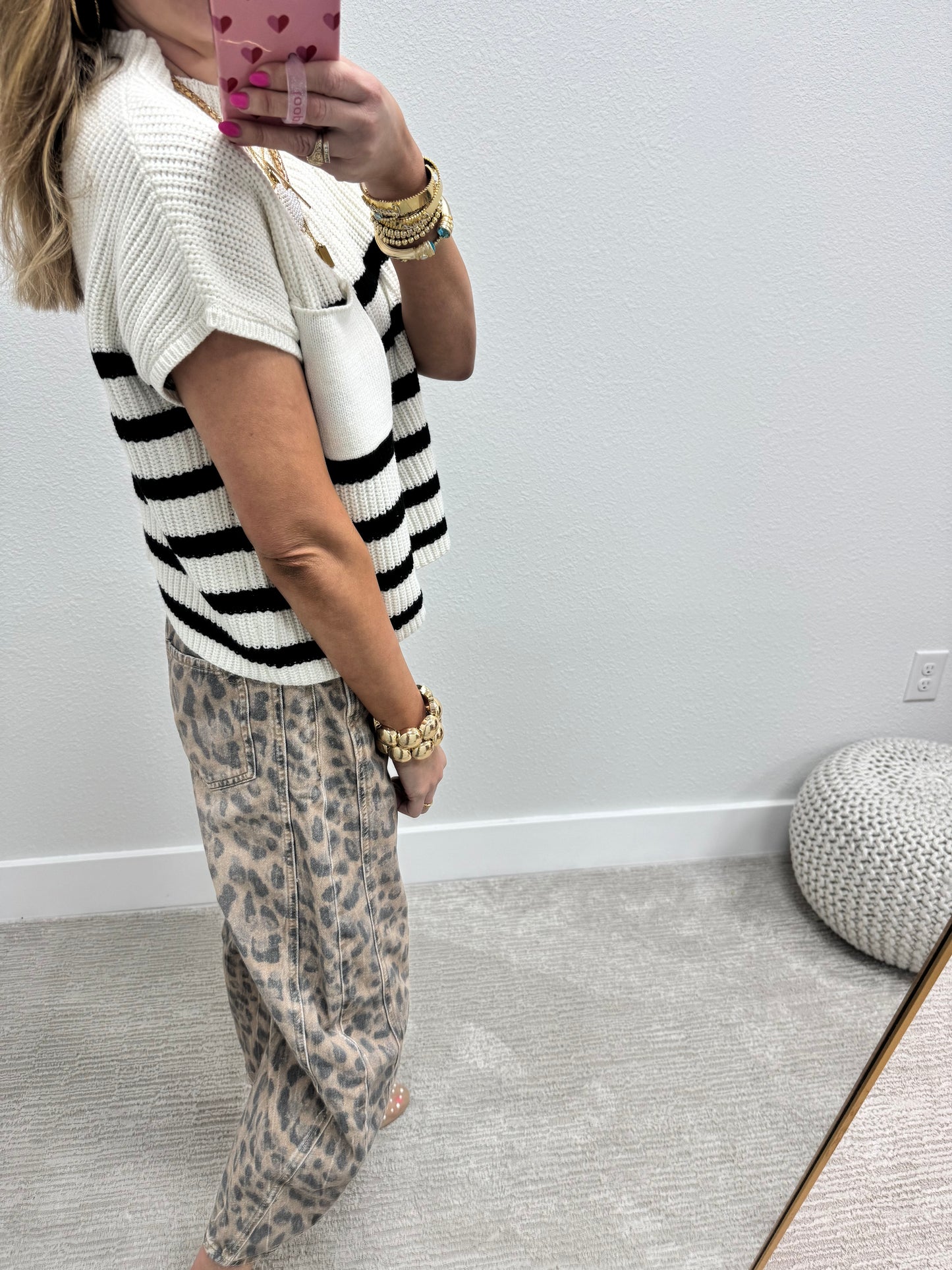 Ivory & Black Stripe Crop Short Sleeve Sweater Top