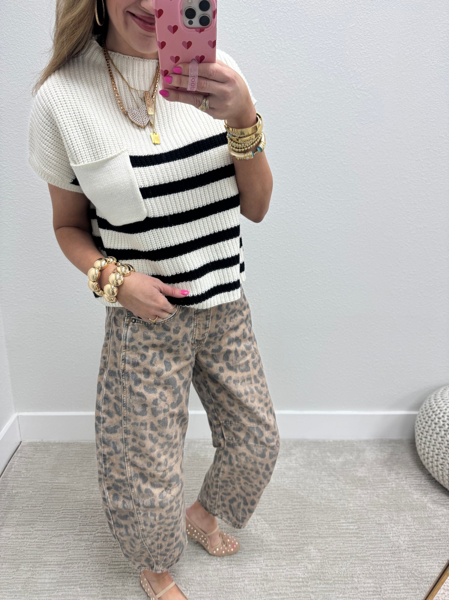 Ivory & Black Stripe Crop Short Sleeve Sweater Top