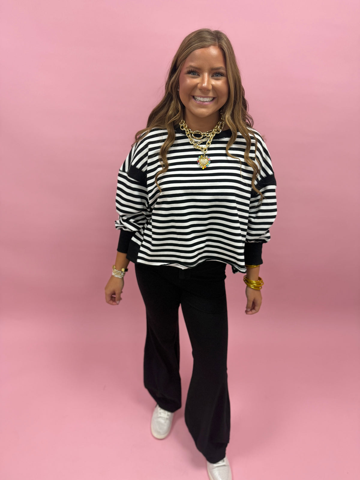 Black & White Striped Terry Open Back Long Sleeve Top